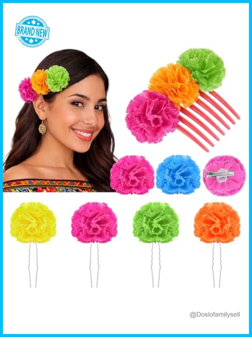 7 Pc Silk Marigold Flower Hair Clips Comb Fork Set Day of the Dead